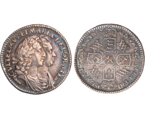 British Coins, William and Mary, sixpence, 1693, conjoined laur. busts r., rev. crowned cruciform shields, interlinked WMs in