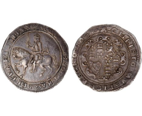 British Coins, Charles I, Exeter mint, crown, mm. castle, 1645, crowned figure of king on horseback l., holding sword, sash f