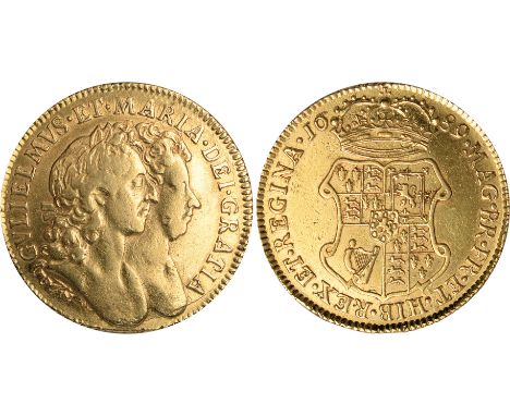 British Coins, William and Mary, guinea, 1689, conjoined laur. busts r., rev. crowned shield of arms, early harp (S.3426), bu