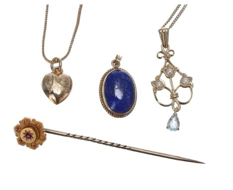 Two 9ct slender necklets with pendants; lapis lazuli oval 9ct pendant and a gold mounted stick pin, 9.1gm in total 