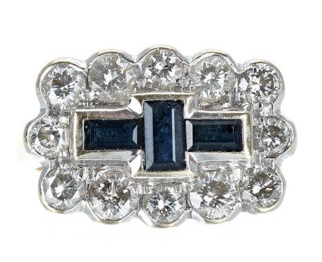 18ct yellow gold sapphire and diamond cluster ring, with three baguette sapphires in a border of twelve round brilliant-cut d