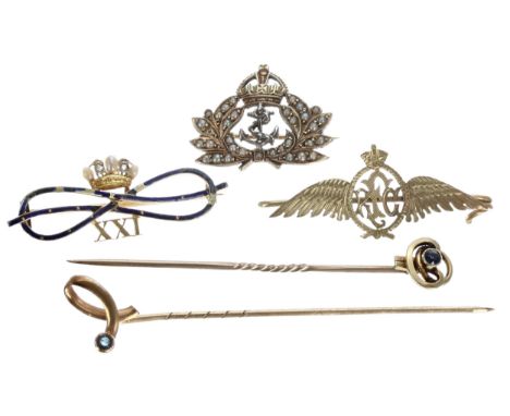 Naval 9ct seed pearl brooch, 3.3gm, 24mm; RAF 9ct brooch, 1.5gm (a.f); gold and enamel brooch, 3gm (a.f); also two stick pins