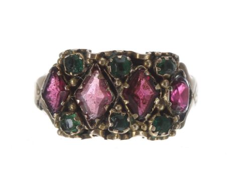 Antique garnet and peridot cluster ring in a yellow gold engraved mount, width 10mm, 2.3gm, ring size K/L 