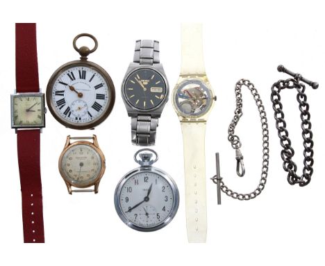 Selection of wristwatches and pocket watches principally for repair to include Lanco-Fon alarm, Seiko 5 automatic, Swatch, Ti