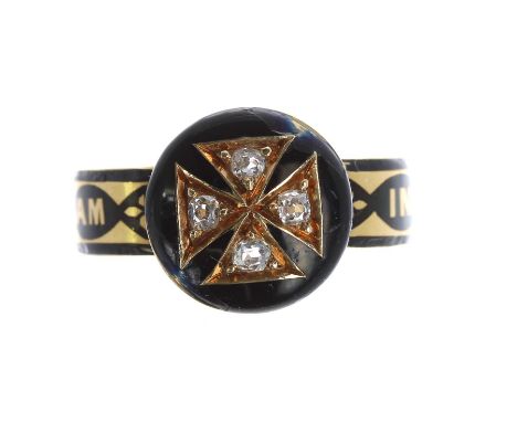 Victorian 18ct black enamel and diamond mourning ring, London 1866, with a Maltese cross set with four European-cut diamonds,