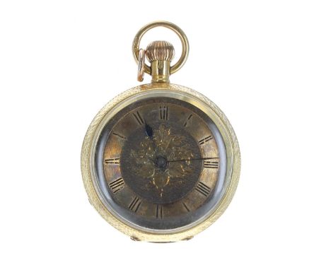 18ct lever engraved fob watch, gilt engraved foliate dial, 13 jewel movement, no. 4429, 28.4gm, 33mm-Movement - currently fun