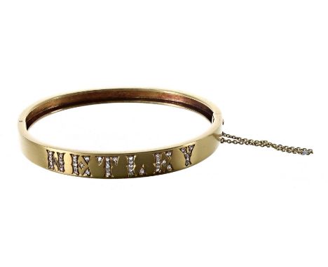 Victorian gold diamond set hinged bangle,&nbsp;the frontispiece with "Hetley" picked out in rose diamonds, the reverse inscri