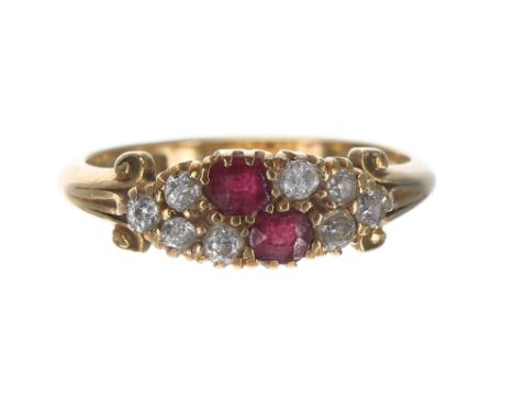Antique 18ct ruby and diamond cluster ring, width 6.5mm,&nbsp;4gm, ring size N (at fault) 