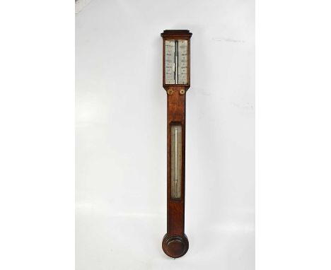 ABRAHAM & CO; a 19th century oak stick barometer, with bone panels marked 'Abraham & Co Opticians Liverpool', with thermomete