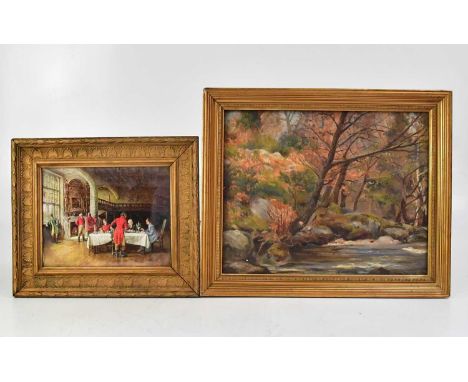 20TH CENTURY ENGLISH SCHOOL; oil on board, stream with Autumnal trees, 29.5 x 37cm, framed, together with an oleograph of a h