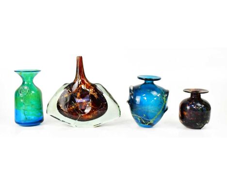 MDINA; four glass vases comprising a fish axe vase designed by Michael Harris, dated 1977, height 20.5cm, together with one o