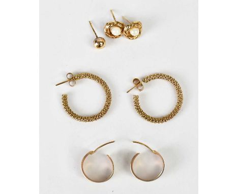 Three pairs of 9ct yellow gold earrings, comprising rope-style hoop examples, smaller hoop examples with bright cut decoratio
