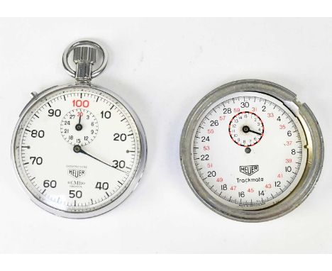 HEUER; a chrome keyless wind stopwatch, 51mm and a Heuer ‘Trackmate’ stopwatch dial and case (2)