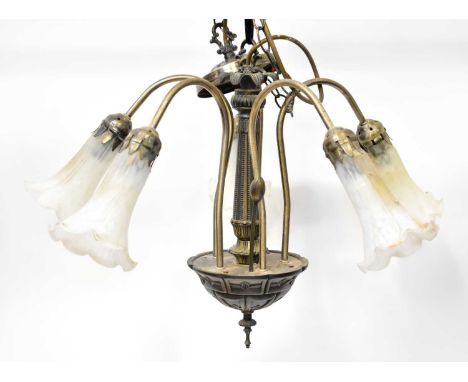 Four vintage light fittings comprising an opaque and etched glass part plafonnier, a French gilt metal mounted opaque glass p