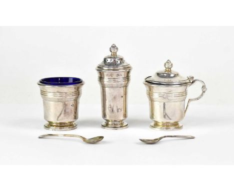 ADIE BROTHERS; a cased George VI hallmarked silver cruet set, comprising mustard pot, salt, pepper and two spoons, Birmingham