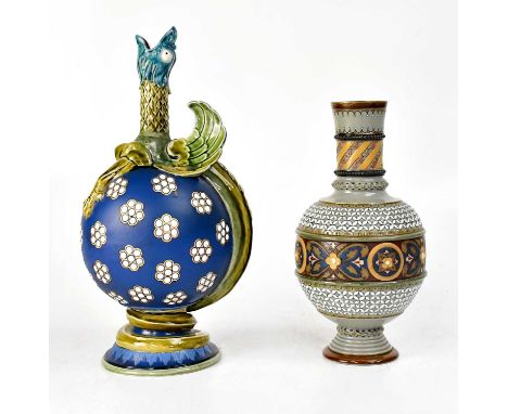 VILLEROY &amp; BOCH; a Mettlach blue ground vase, with spout modelled as a griffin and tail curling around the base, gilt-hei