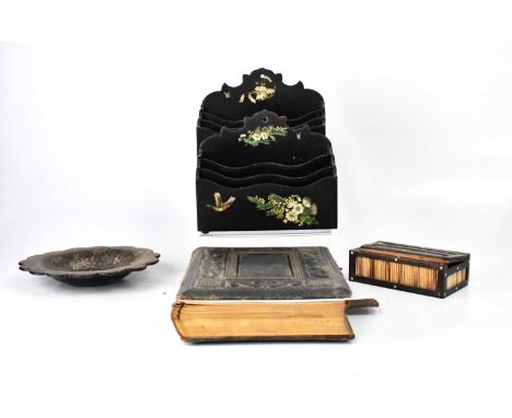 A Victorian collector's lot comprising a porcupine quill bone inlaid box, a pair of Victorian papier-mâché letter racks, a si