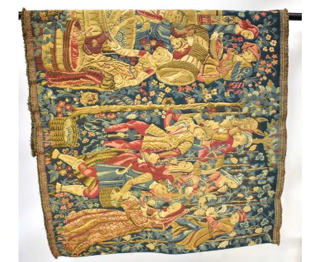 A 20th century embroidered wall panel, depicting people grape picking and wine making, with curtain track hoops to the back, 