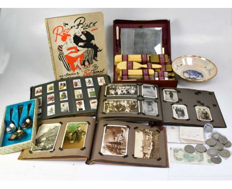 Mixed collectibles to include a cigarette card album, mostly early 20th century Wills Cigarettes, two vintage postcard and ph