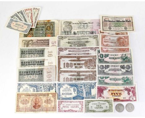 A collection of World banknotes to include The Japanese Government, various denominations, 1920 and 1923 Reichsbanknotes, and