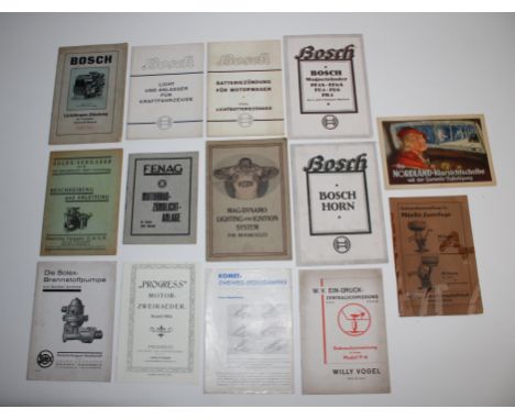 Assorted accessories booklets and catalogues,Including Bosch magnetos, Solex carburettor, Bosch horn, Splitdorf Mag-dynamo, a