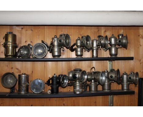 Nine acetylene bicycle lamps,including a 'Brilliant' lamp made in Sweden, (bracket welded to generator); a Lucas Aceta Major 