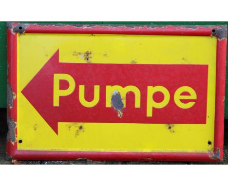 A 'Pumpe' enamel sign,in red and yellow with arrow pointing to the left, 35 x 55cm, (with some chips and loss to enamel).Pann