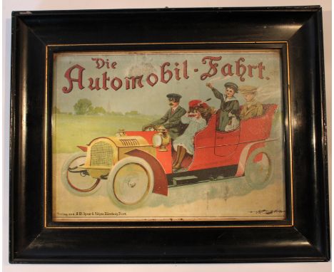 A 'Die Automobil-Fahrt' lithographed box lid print by J.W. Spear &amp; Sons, Nurnberg, 1910-1915,the box lid of a motoring bo