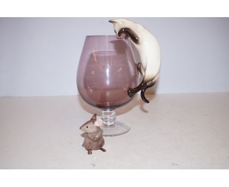 Brandy glass with ceramic cat &amp; mouse