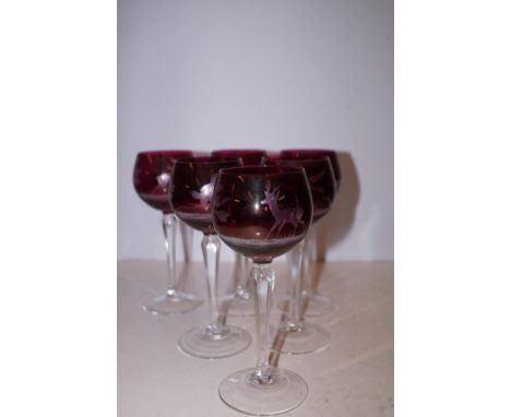 Set of 6 Ruby glasses, etched with dear &amp; game birds