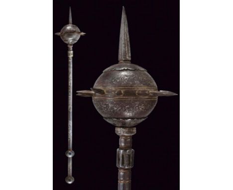 dating: 19th Century provenance: India, Iron spheroid head, richly decorated with remains of silver inlaying with racemes, pr
