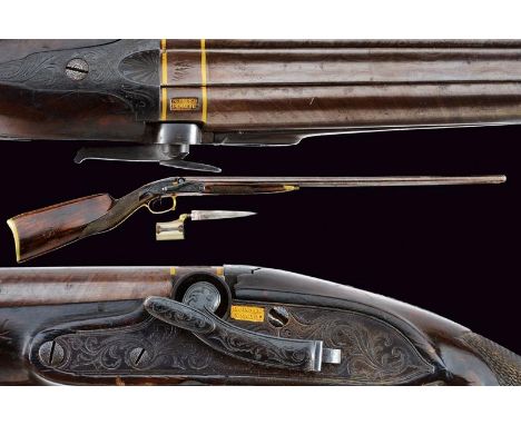 dating: 1840 circa provenance: Naples, Smoothbore, round, juxtaposed, browned and damask 18 mm cal. barrels, with gold-inlaid