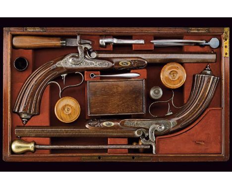 dating: Mid 19th Century provenance: France, Rifled, octagonal, damascened and browned, 8 mm cal. barrels, the bases engraved