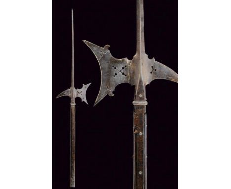 dating: circa 1600 provenance: Italy, Spearhead with long squared cusp, hollow-edge axe with lugs (deep crack at the base), d