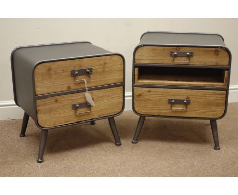 Two industrial style metal and rustic pine bedside chests/lamp tables, W48cm