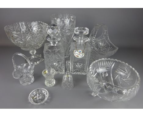 Royal Brierley cut glass decanter with porcelain Vodka label, Bohemian crystal vase, pedestal bowl, cut glass basket bowl and