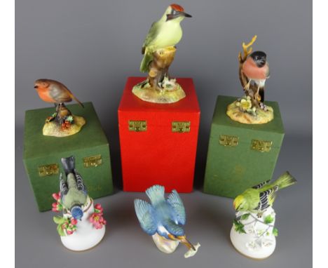 Royal Crown Derby 'Green Woodpecker', 'Bullfinch' and 'Robin' all with original boxes, Royal Worcester 'Kingfisher' and two F