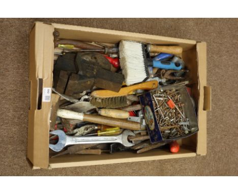 Various hand tools etc... in one box, including Record no.1 vice   Condition Report   Click here for further images, conditio