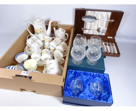 Royal Standard coffeeware, Cauldon teaware, set of four cased crystal brandy glasses, pair of cased Rowton Crystal brandy gla