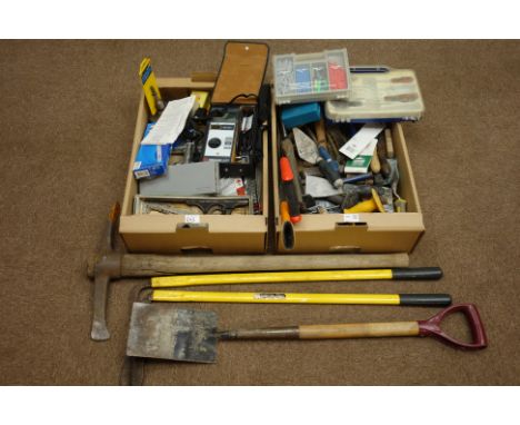Quantity of drill bits and masonry drill bits, various other hand tools in two boxes, Megger LT7 digital loop tester etc...  