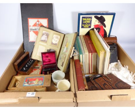 Vintage books, two 19th Century family bibles, vintage Monopoly, boxwood chess sets, cased set of gram weights, cameras, vint
