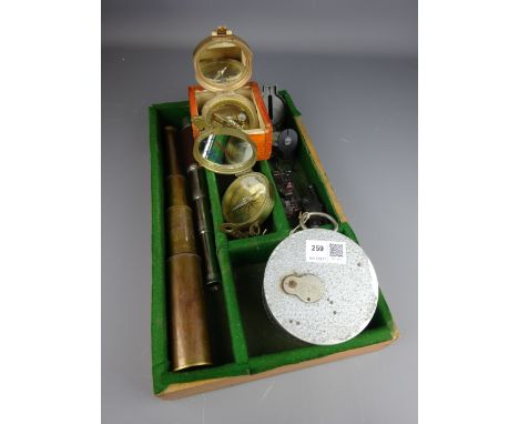 Two telescopes, compasses, Benzing pigeon clock etc on tray    Condition Report   Click here for further images, condition, a