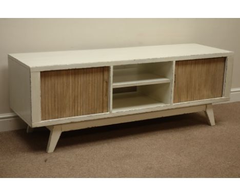 Rustic waxed paint finish and reclaimed pine television stand, centre shelf and tambour roll cupboards, W150cm, H54cm, D46cm 