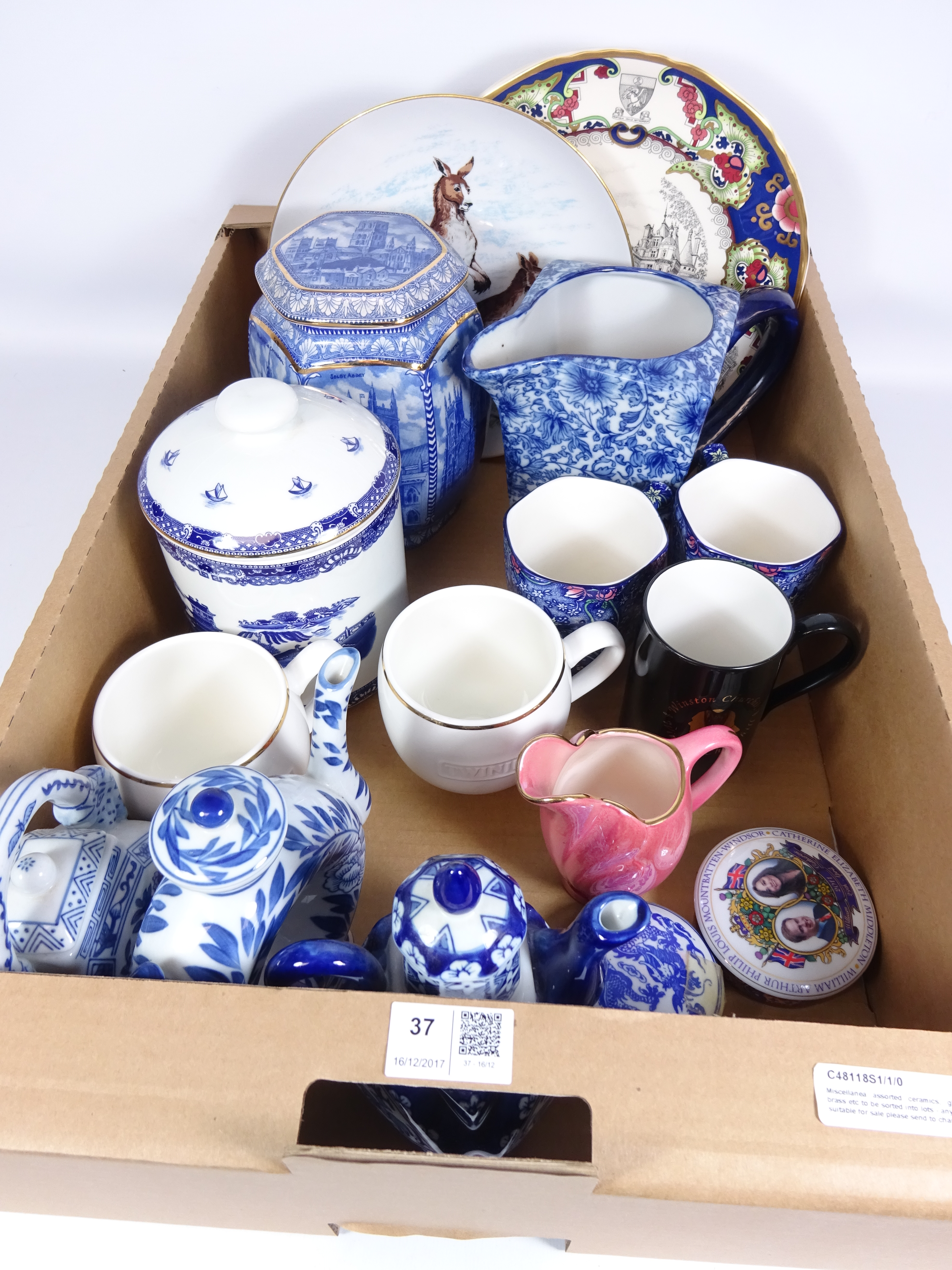 Wade Ringtons Millennium 2000 blue & white hexagonal tea caddy, another