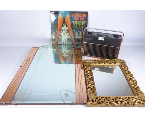 Vintage Hacker radio, Art Deco style wall mirror, small carved wood and gilt framed mirror and a Show Time Special - The Blac