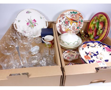 Spode 'Marlborough Spray' cake plate, two hand painted plates, Mason's 'Mandalay' pedestal fruit bowl, set of six brandy glas