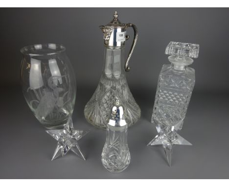 Glass claret jug with silver plated mounts, glass decanter, etched glass vase depicting a Heron signed P.J.A, pair of glass s