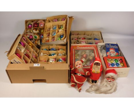 Vintage baubles and three vintage Santa Claus figures in one box   Condition Report   Click here for further images, conditio