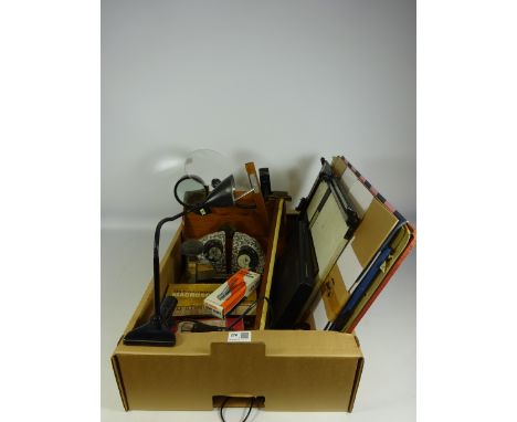 Collection of Vintage office equipment including drawing board, oak letter rack, set of drawing instruments, clip on lamp, Ma
