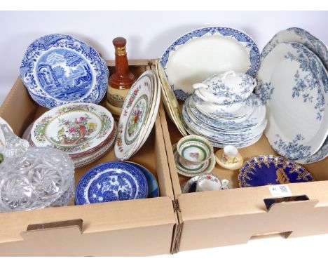 Copeland Spode Pheasant decorated plates and 'Italian' pattern sectioned plate, blue and white ceramics, cut glass lidded bow